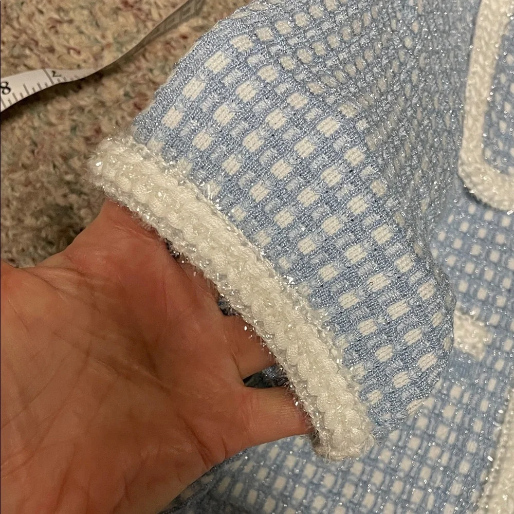 Blue and White check knit boucle ultra stretchy Dress with pearl/diamond buttons - Picture 9 of 10